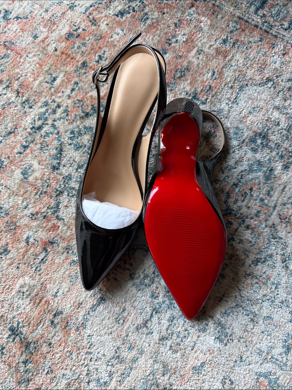 Black Patent Pointed-Toe Slingback Pumps with Red Sole